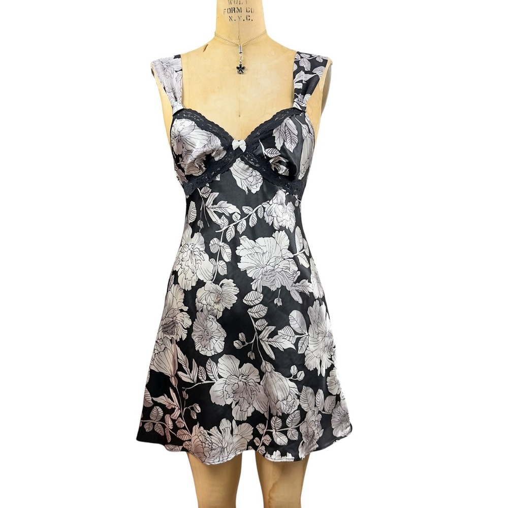 Whimsigoth Floral Babydoll Slip Dress Mini Tie Back Bow Front Dark Coquette Sz S